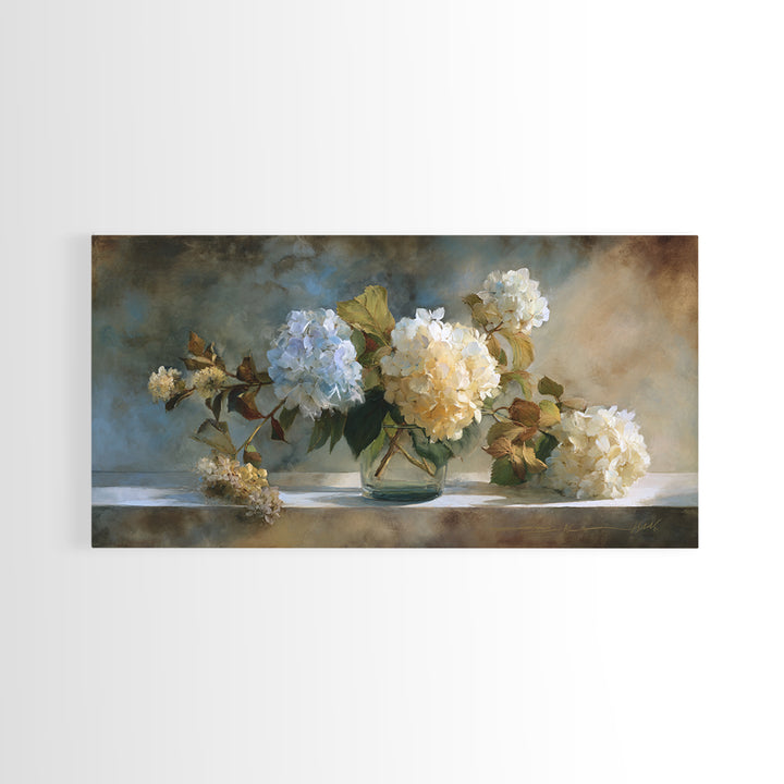 Sunlit Hydrangeas on a Windowsill Framed Canvas Print, Bed and Breakfast Art, Minimalist Decor, Living Room Decor, Fine Art, BAB-2x1-30
