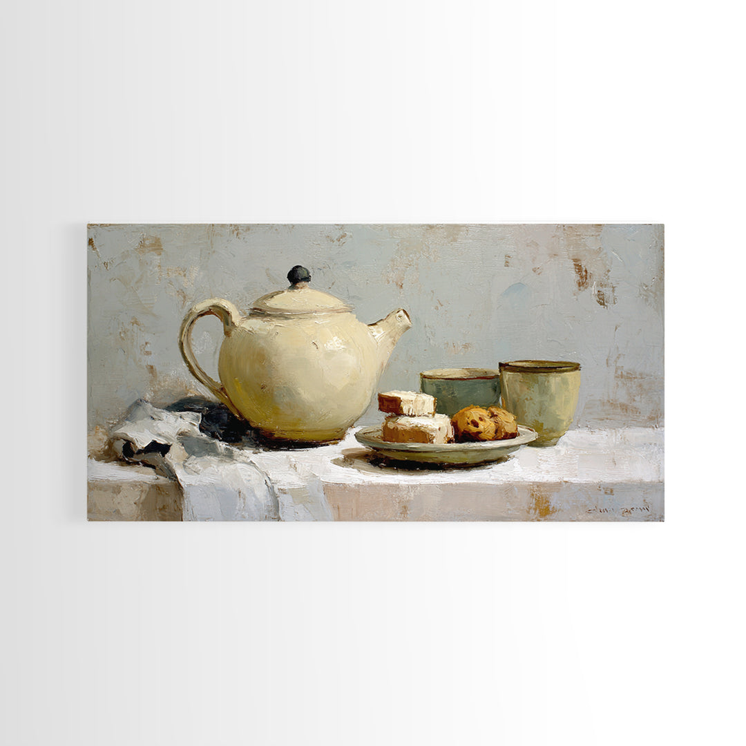 Porcelain Teapot and Scones Canvas Print, Bed and Breakfast Art, Wall Art, Living Room Decor, Oil Painting, Wood Wall Art, BAB-2x1-32