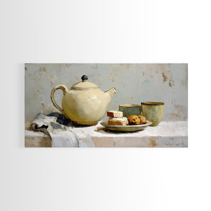 Porcelain Teapot and Scones Canvas Print, Bed and Breakfast Art, Wall Art, Living Room Decor, Oil Painting, Wood Wall Art, BAB-2x1-32