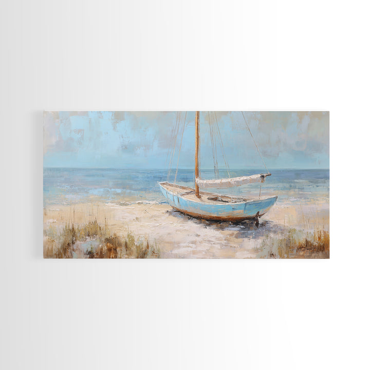 Coastal Inn Sailboat at Sunrise Framed Canvas Print, Bed and Breakfast Art, Print, Living Room Decor, Fine Art, BAB-2x1-37