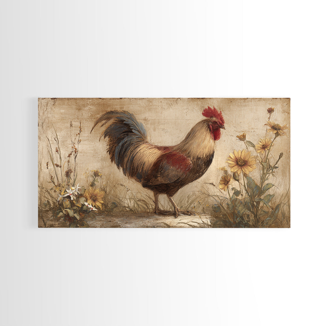 Rooster and Wildflower Country Portrait Canvas Print, Bed and Breakfast Art, Digital Art, Living Room Decor, Fine Art, BAB-2x1-39