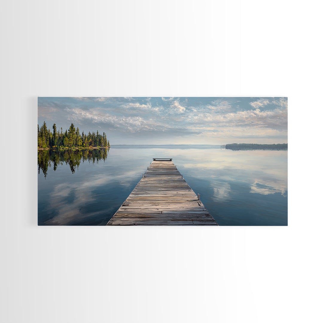 Quiet Lake Dock at Early Morning Framed Canvas Print, Bed and Breakfast Art, Room Decor, Living Room Decor, Fine Art, BAB-2x1-42