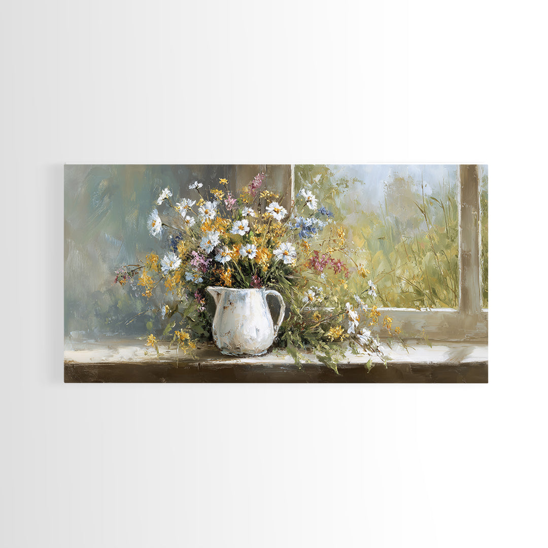 Country Wildflowers in a Chipped Ceramic Pitcher Canvas Print, Bed and Breakfast Art, Wood Wall Art, Living Room Decor, BAB-2x1-45