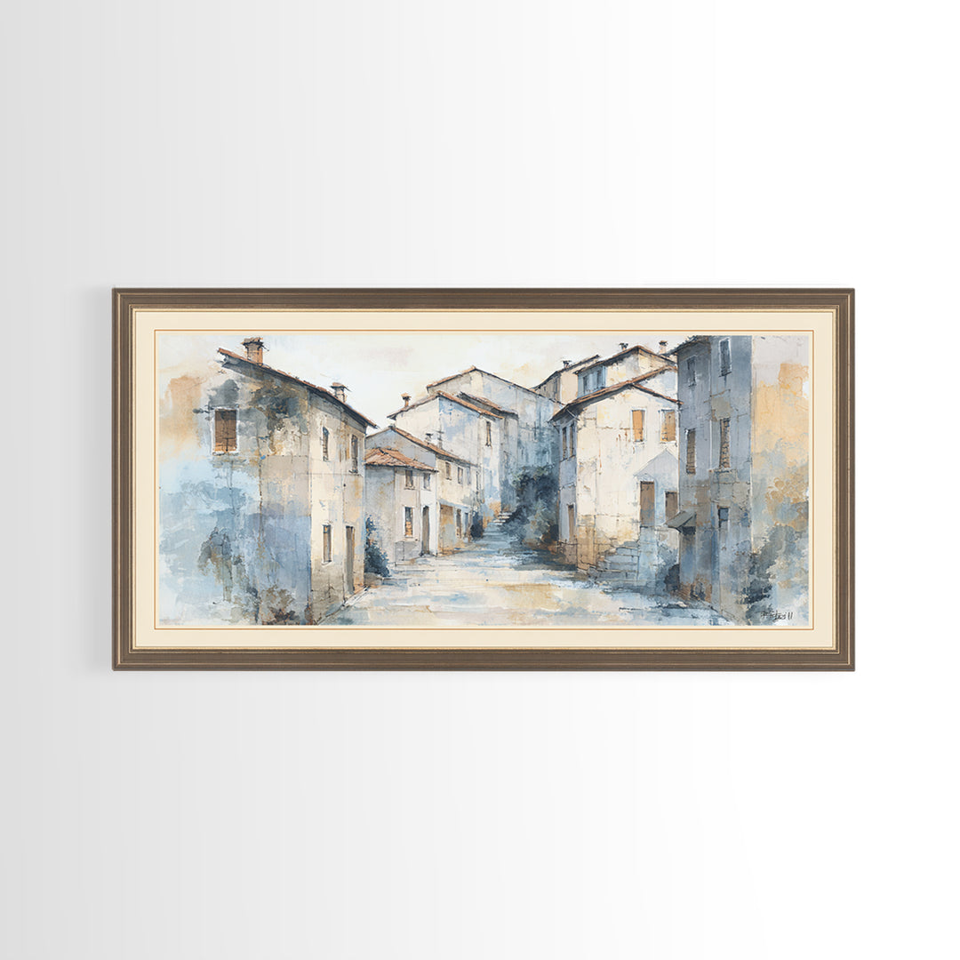 Soft Watercolor Village Street at Dawn Canvas Print, Bed and Breakfast Art, Printable Art, Living Room Decor, Fine Art, BAB-2x1-49
