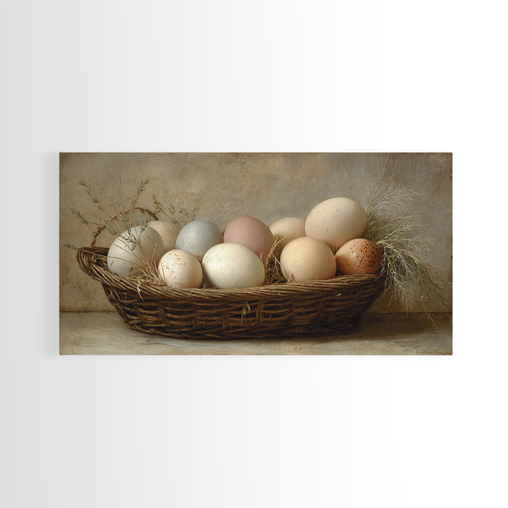 Fresh Eggs in a Woven Basket with Framed Canvas Print, Bed and Breakfast Art, Wall Decor, Living Room Decor, Fine Art, BAB-2x1-50