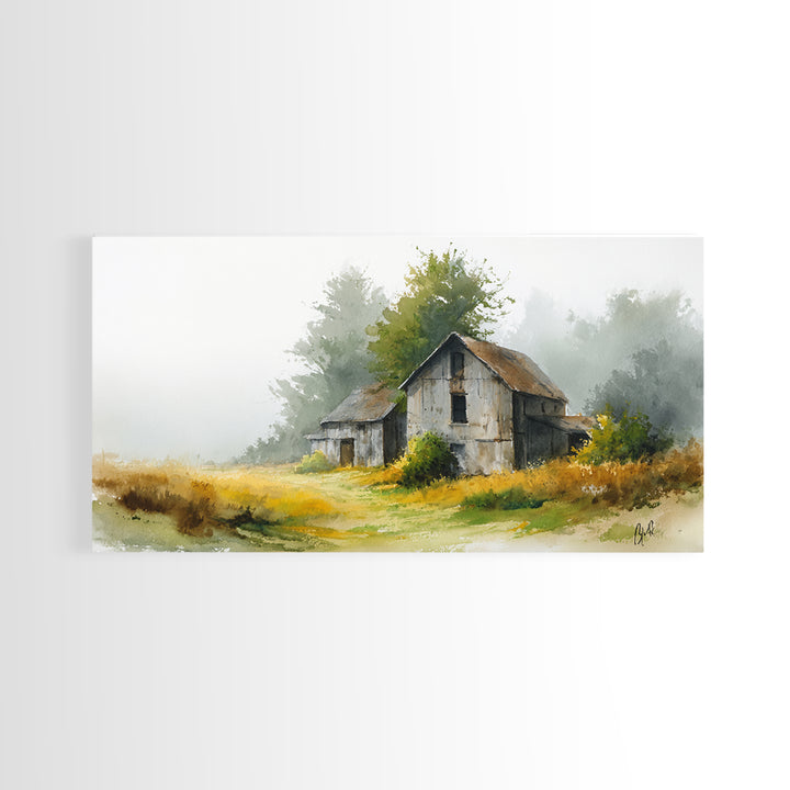Old Farmhouse Landscape Framed Canvas Print, Bed and Breakfast Art, Living Room Decor, Watercolor Art, Folk Art, BAB-2x1-51