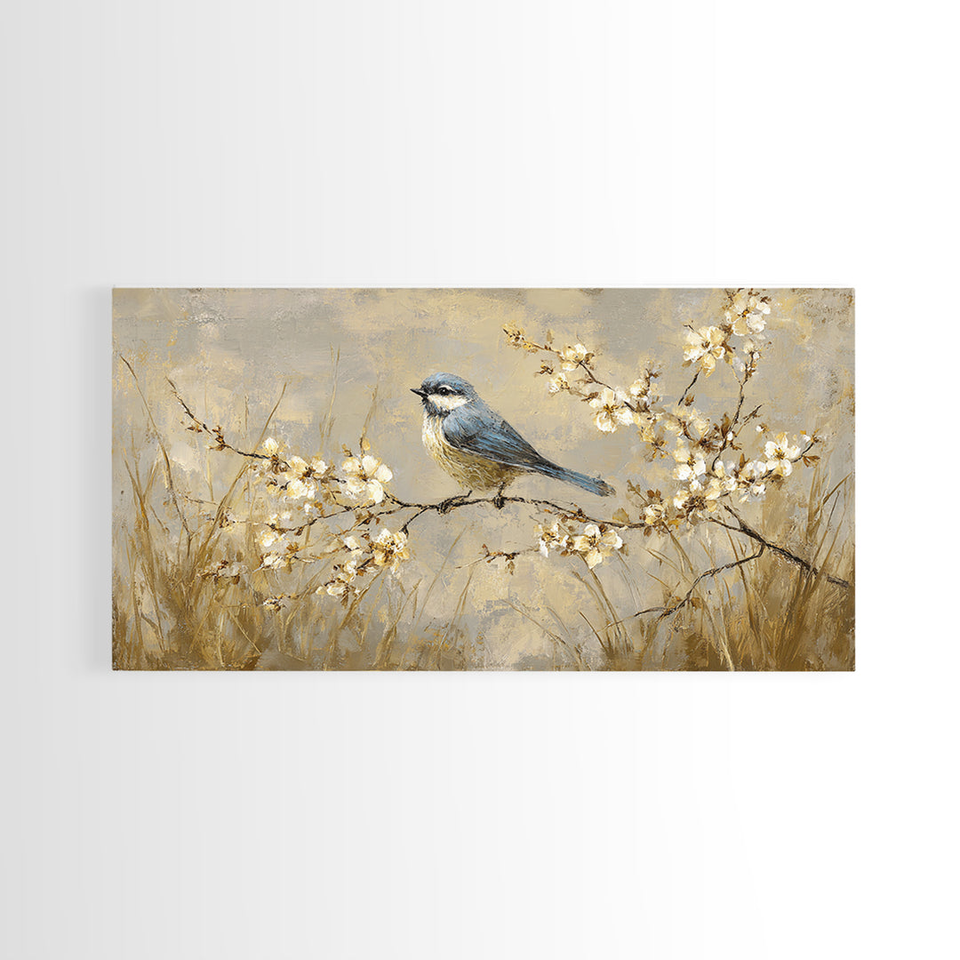 Small Bird on a Flowering Branch Canvas Print, Bed and Breakfast Art, Print, Living Room Decor, Watercolor Art, BAB-2x1-58