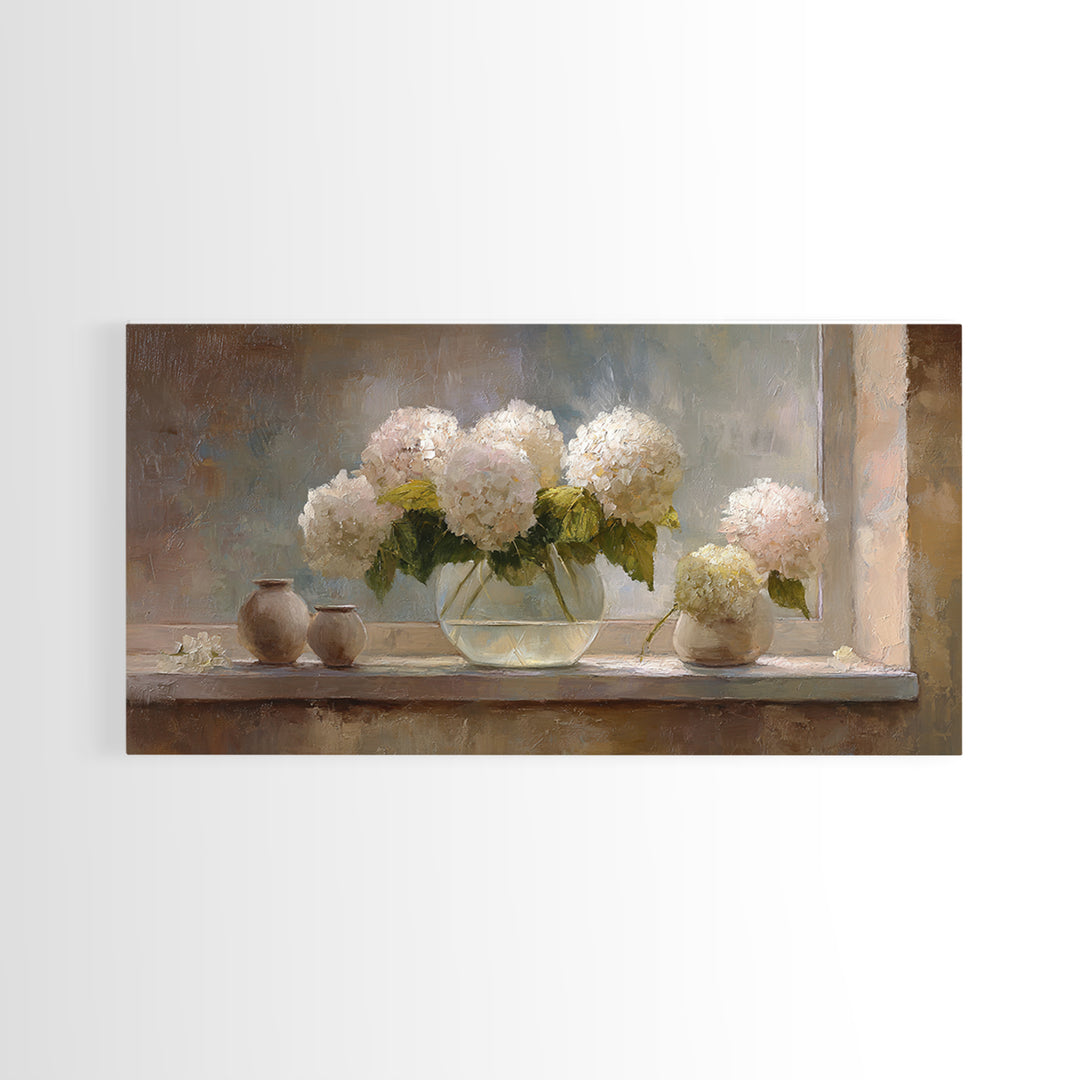 Sunlit Hydrangeas on a Windowsill Framed Canvas Print, Bed and Breakfast Art, Minimalist Decor, Living Room Decor, Fine Art, BAB-2x1-6