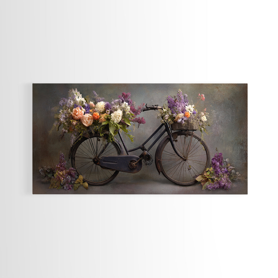 Old Bicycle with Flowers in Basket Framed Canvas Print, Bed and Breakfast Art, Gallery Decor, Living Room Decor, Fine Art, BAB-2x1-67