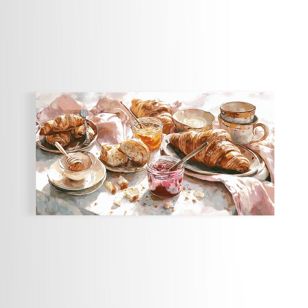 Fresh Croissants and Jam on a Linen Canvas Print, Bed and Breakfast Art, Printable, Living Room Decor, Fine Art, BAB-2x1-70