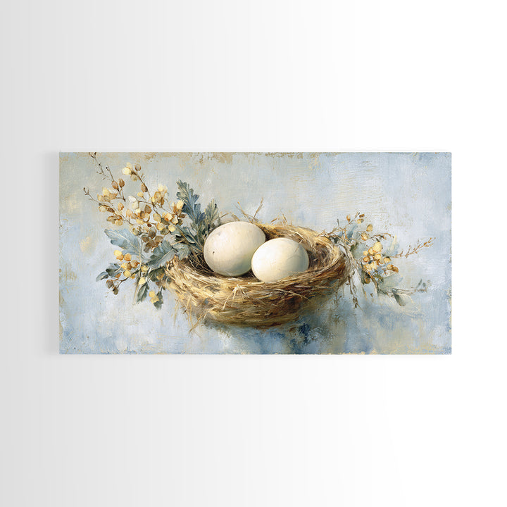 Fresh Eggs in a Woven Basket with Canvas Print, Bed and Breakfast Art, Printable Wall Art, Living Room Decor, Watercolor Art, BAB-2x1-74