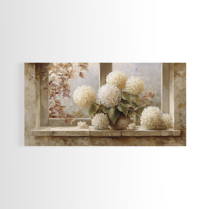 Sunlit Hydrangeas on a Windowsill Canvas Print, Bed and Breakfast Art, Decor, Living Room Decor, Fine Art, Dopamine Decor, BAB-2x1-78