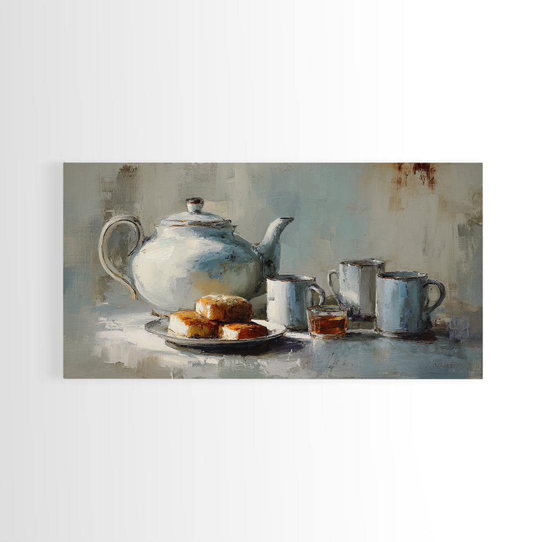 Porcelain Teapot and Scones Framed Canvas Print, Bed and Breakfast Art, Bed, Living Room Decor, Fine Art, Rustic Home Decor, BAB-2x1-80