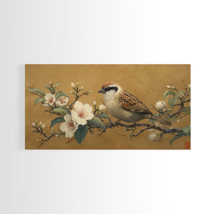 Small Bird on a Flowering Branch Canvas Print, Bed and Breakfast Art, Print, Living Room Decor, Watercolor Art, BAB-2x1-82