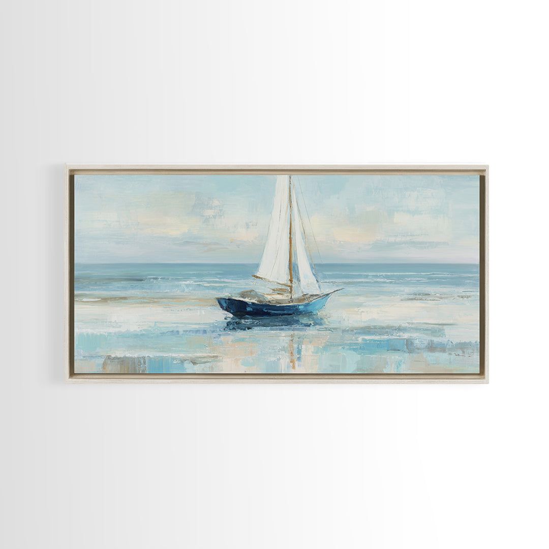 Coastal Inn Sailboat at Sunrise Framed Canvas Print, Bed and Breakfast Art, Dopamine Decor, Living Room Decor, Fine Art, BAB-2x1-85