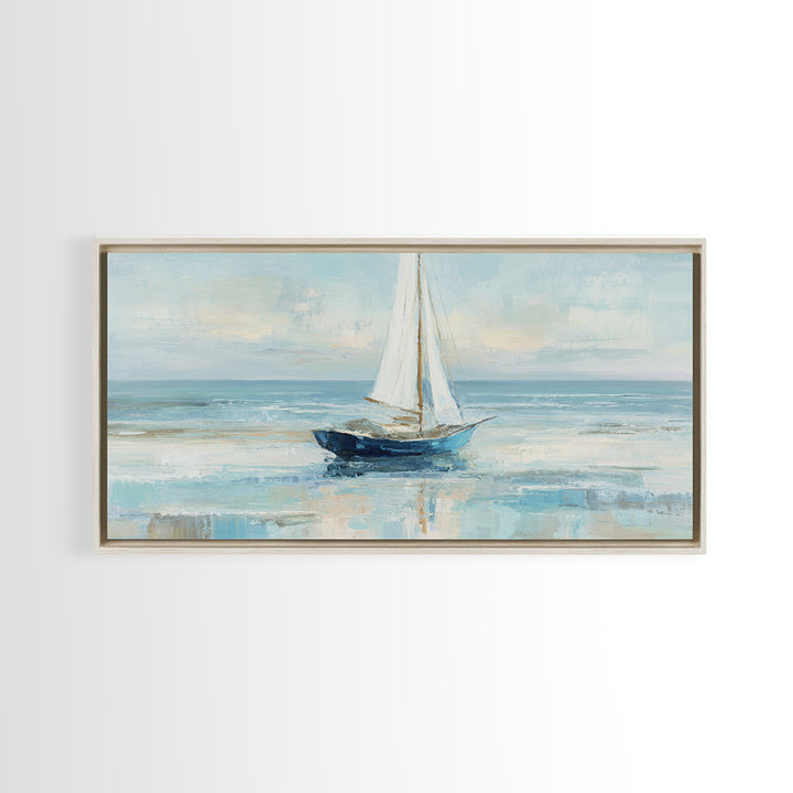 Coastal Inn Sailboat at Sunrise Framed Canvas Print, Bed and Breakfast Art, Dopamine Decor, Living Room Decor, Fine Art, BAB-2x1-85