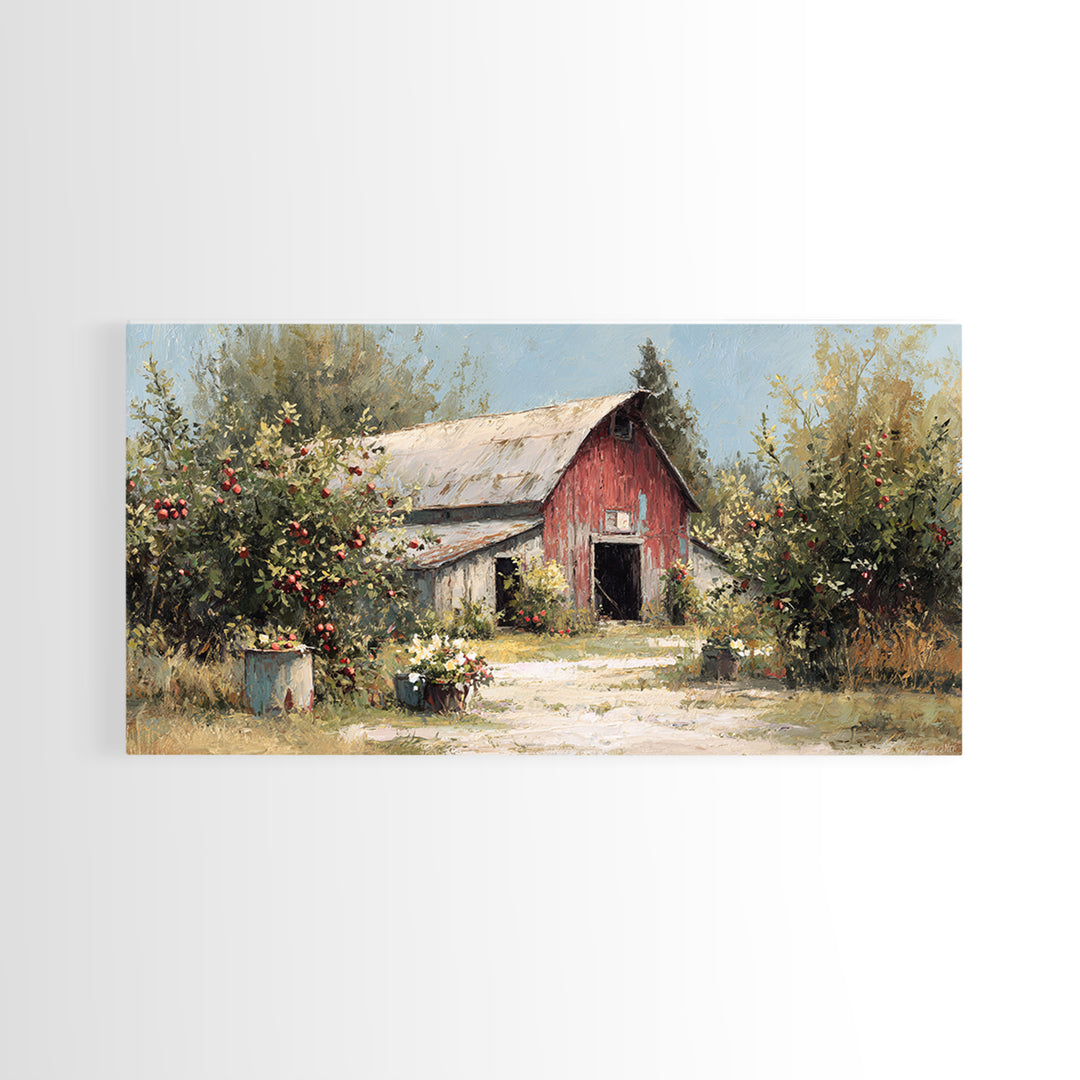 Apple Orchard Scene Framed Canvas Print, Bed and Breakfast Art, Decor, Living Room Decor, Fine Art, Dopamine Decor, BAB-2x1-9