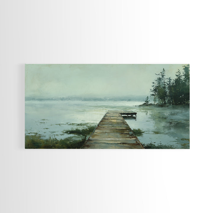 Quiet Lake Dock at Early Morning Framed Canvas Print, Bed and Breakfast Art, Digital Art, Living Room Decor, Fine Art, BAB-2x1-90