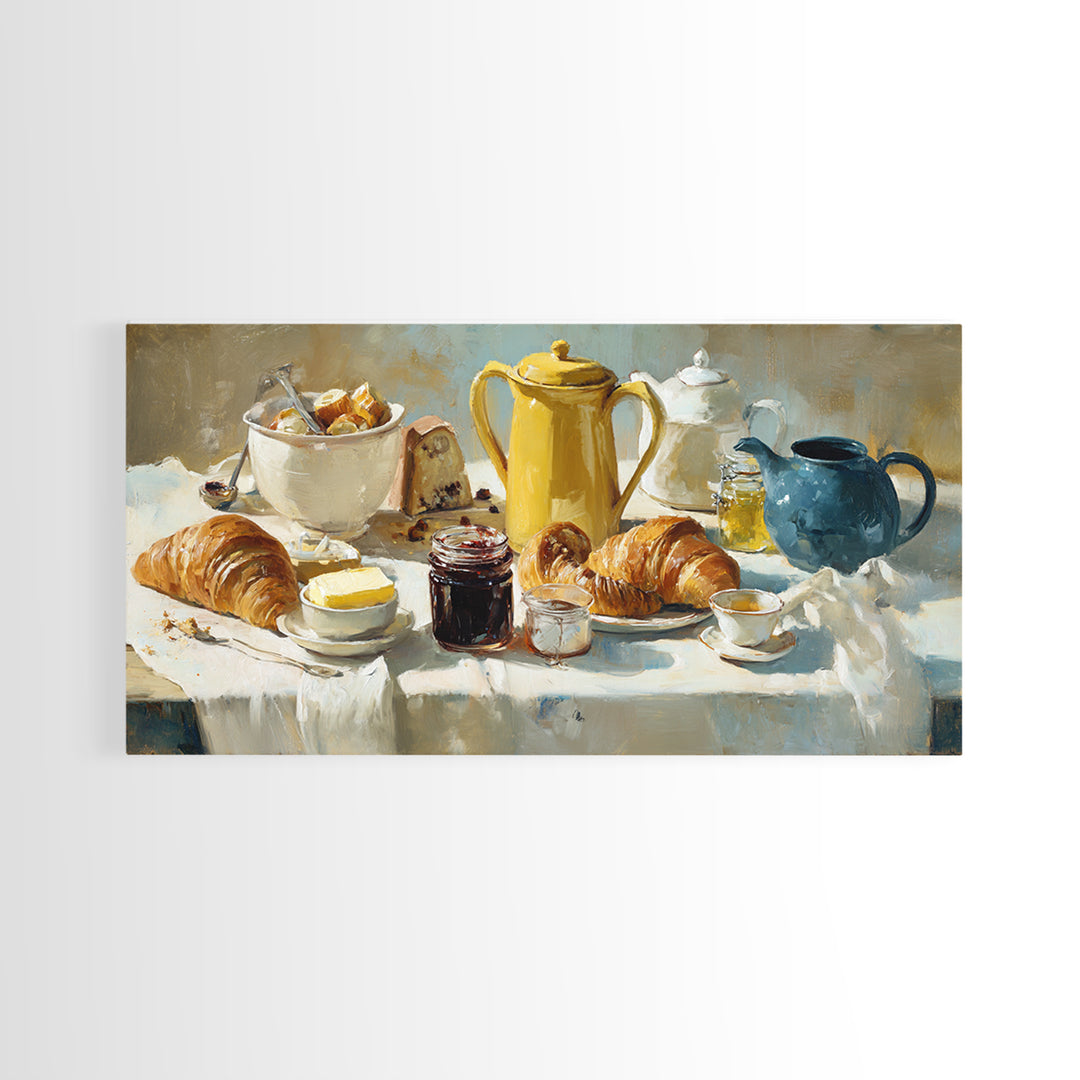 Fresh Croissants and Jam on a Linen Canvas Print, Bed and Breakfast Art, Printable, Living Room Decor, Fine Art, BAB-2x1-94