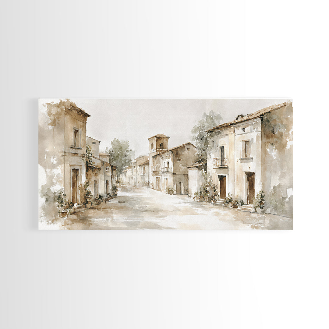 Soft Watercolor Village Street at Dawn Canvas Print, Bed and Breakfast Art, Bedroom Wall Art, Living Room Decor, BAB-2x1-97