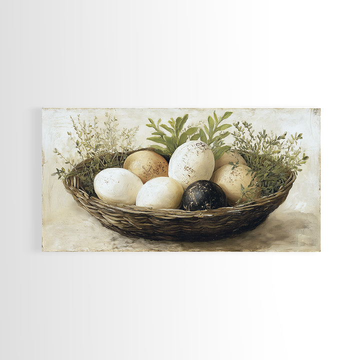 Fresh Eggs in a Woven Basket with Canvas Print, Bed and Breakfast Art, Printable Wall Art, Living Room Decor, Watercolor Art, BAB-2x1-98