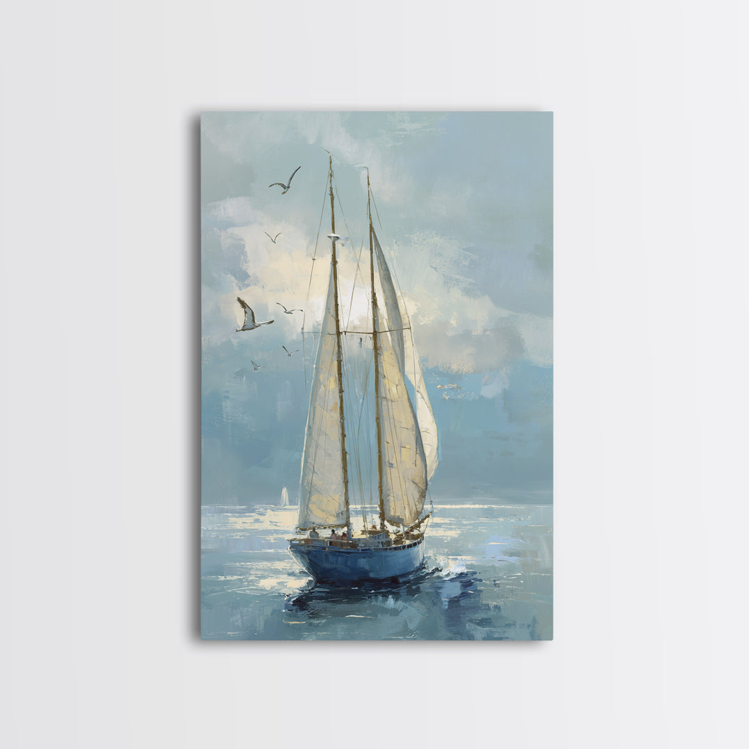 Coastal Inn Sailboat at Sunrise Framed Canvas Print, Bed and Breakfast Art, Printable, Living Room Decor, Fine Art, BAB-2x3-1