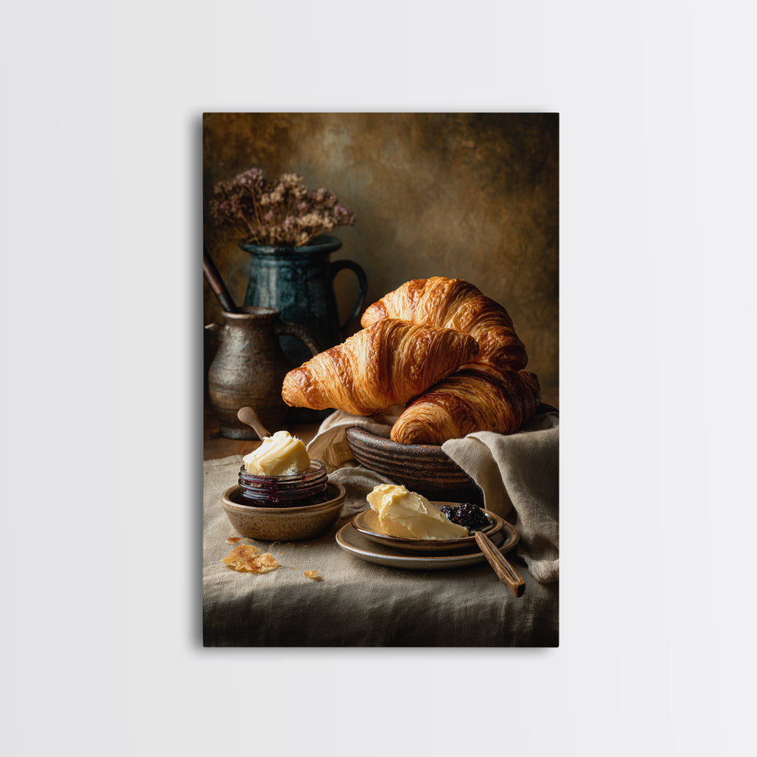 Fresh Croissants and Jam on a Linen Canvas Print, Bed and Breakfast Art, Contemporary Art, Living Room Decor, Abstract Art, BAB-2x3-10