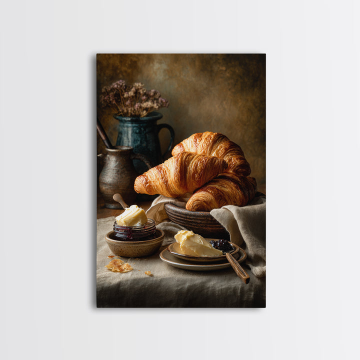 Fresh Croissants and Jam on a Linen Canvas Print, Bed and Breakfast Art, Contemporary Art, Living Room Decor, Abstract Art, BAB-2x3-10