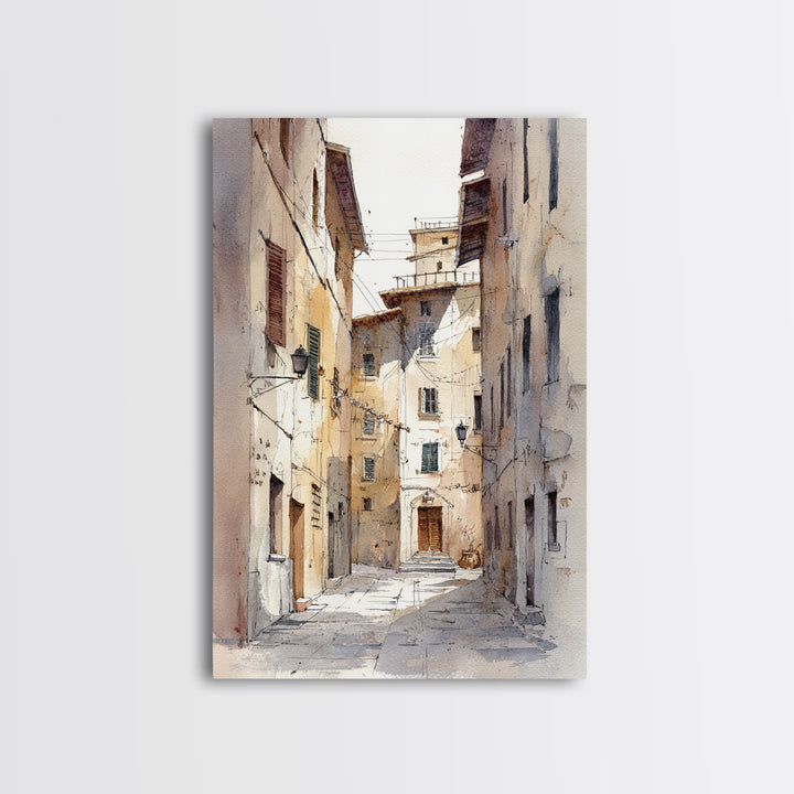 Soft Watercolor Village Street at Dawn Framed Canvas Print, Bed and Breakfast Art, Abstract Art, Living Room Decor, Fine Art, BAB-2x3-13