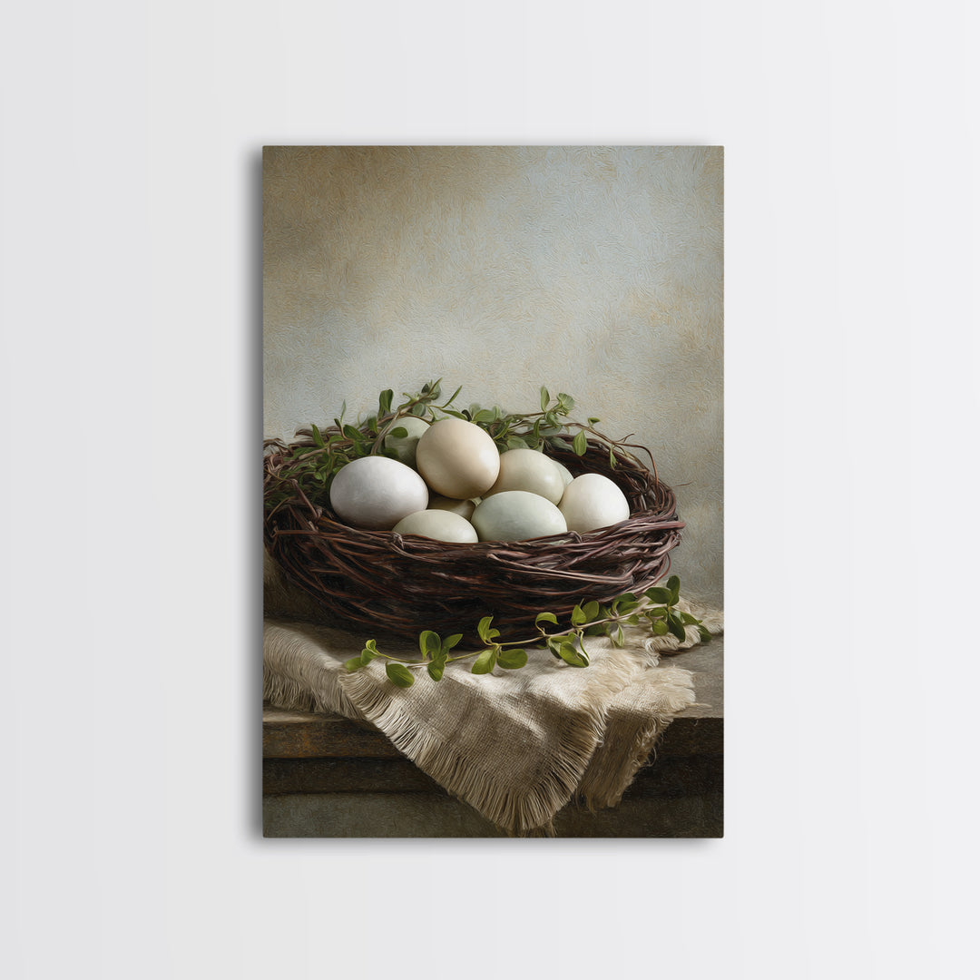 Fresh Eggs in a Woven Basket with Canvas Print, Bed and Breakfast Art, Wall Art, Living Room Decor, Oil Painting, BAB-2x3-14