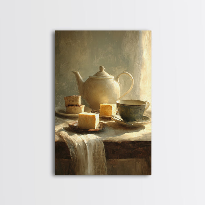 Porcelain Teapot and Scones Framed Canvas Print, Bed and Breakfast Art, Farmhouse Decor, Living Room Decor, Oil Painting, BAB-2x3-20