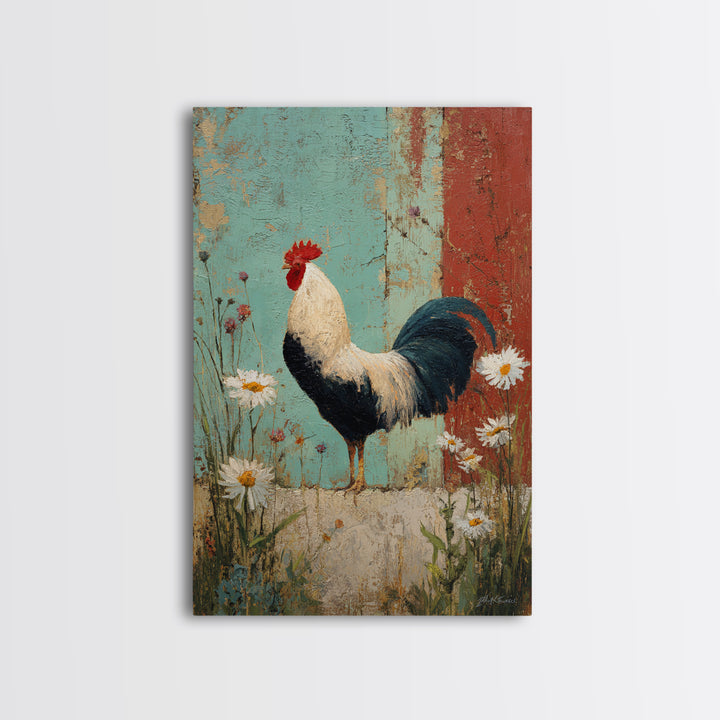 Rooster and Wildflower Country Portrait Canvas Print, Bed and Breakfast Art, Room Decor, Living Room Decor, Dopamine Decor, BAB-2x3-3