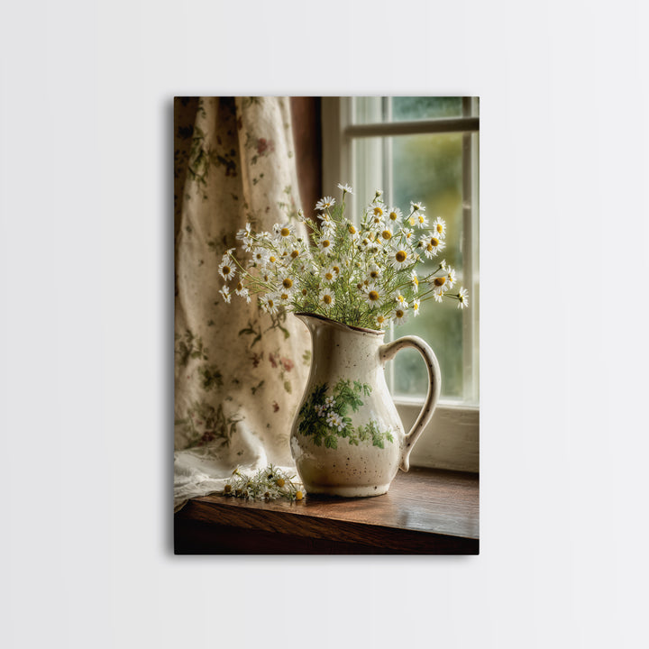 Country Wildflowers in a Chipped Ceramic Pitcher Framed Canvas Print, Bed and Breakfast Art, Living Room Decor, Fine Art, BAB-2x3-33