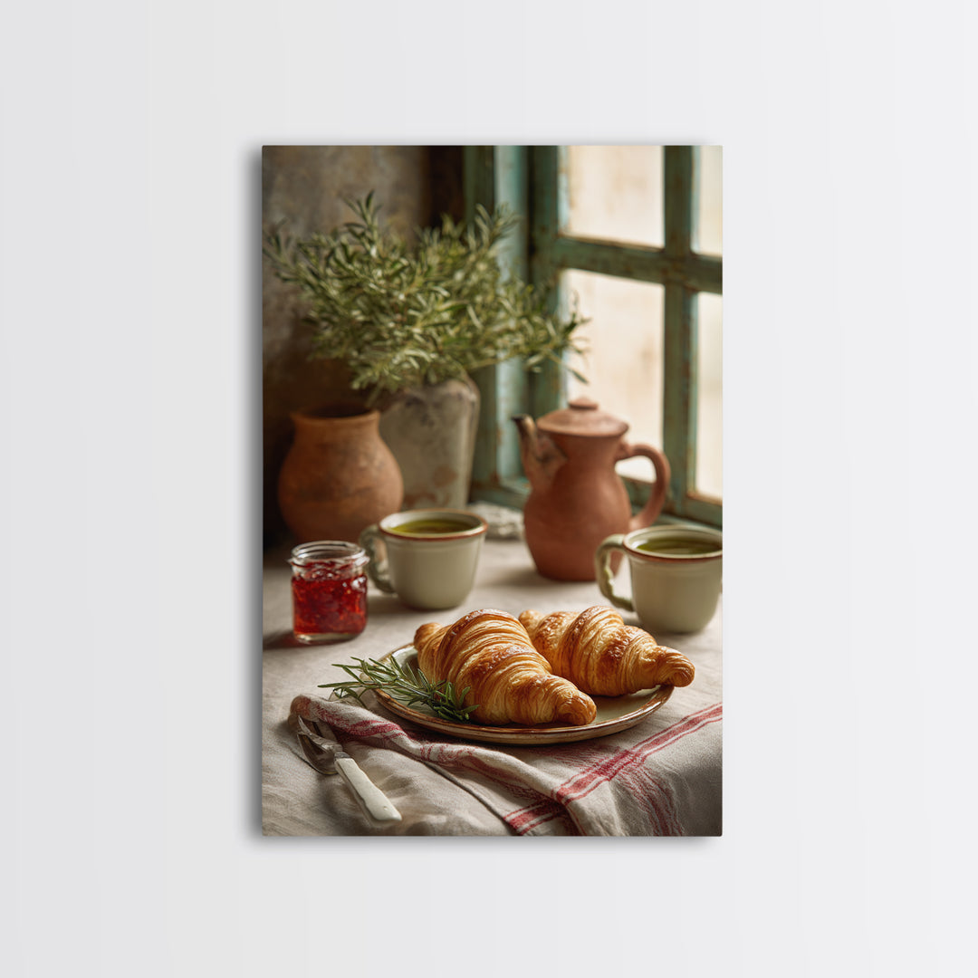 Fresh Croissants and Jam on a Linen Framed Canvas Print, Bed and Breakfast Art, Print, Living Room Decor, Abstract Art, BAB-2x3-34