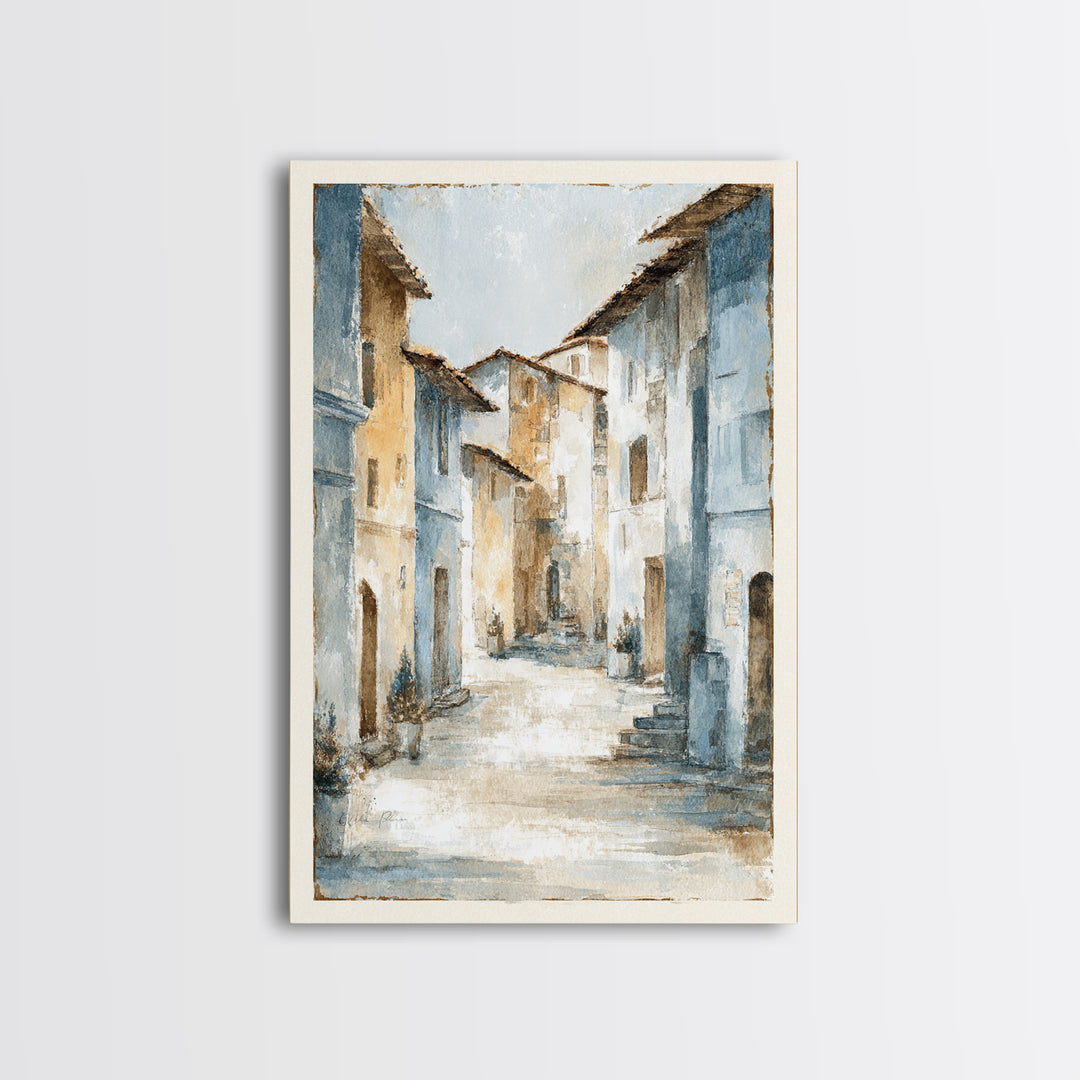 Soft Watercolor Village Street at Dawn Framed Canvas Print, Bed and Breakfast Art, Abstract Art, Living Room Decor, Fine Art, BAB-2x3-37
