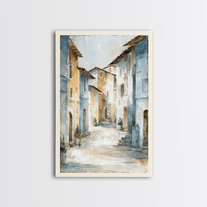Soft Watercolor Village Street at Dawn Framed Canvas Print, Bed and Breakfast Art, Abstract Art, Living Room Decor, Fine Art, BAB-2x3-37
