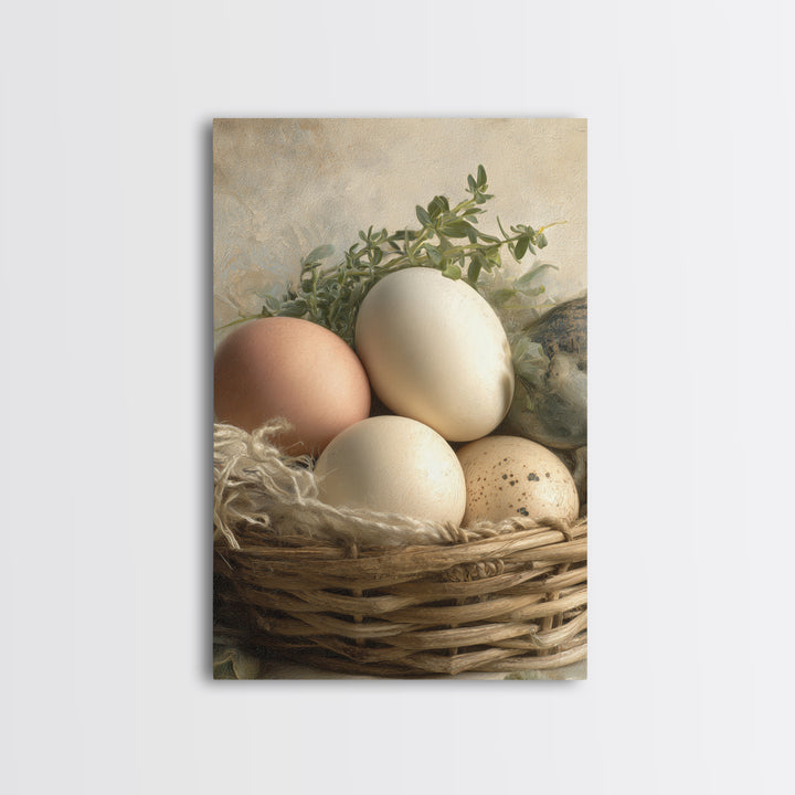 Fresh Eggs in a Woven Basket with Framed Canvas Print, Bed and Breakfast Art, Art Print, Living Room Decor, Fine Art, BAB-2x3-38