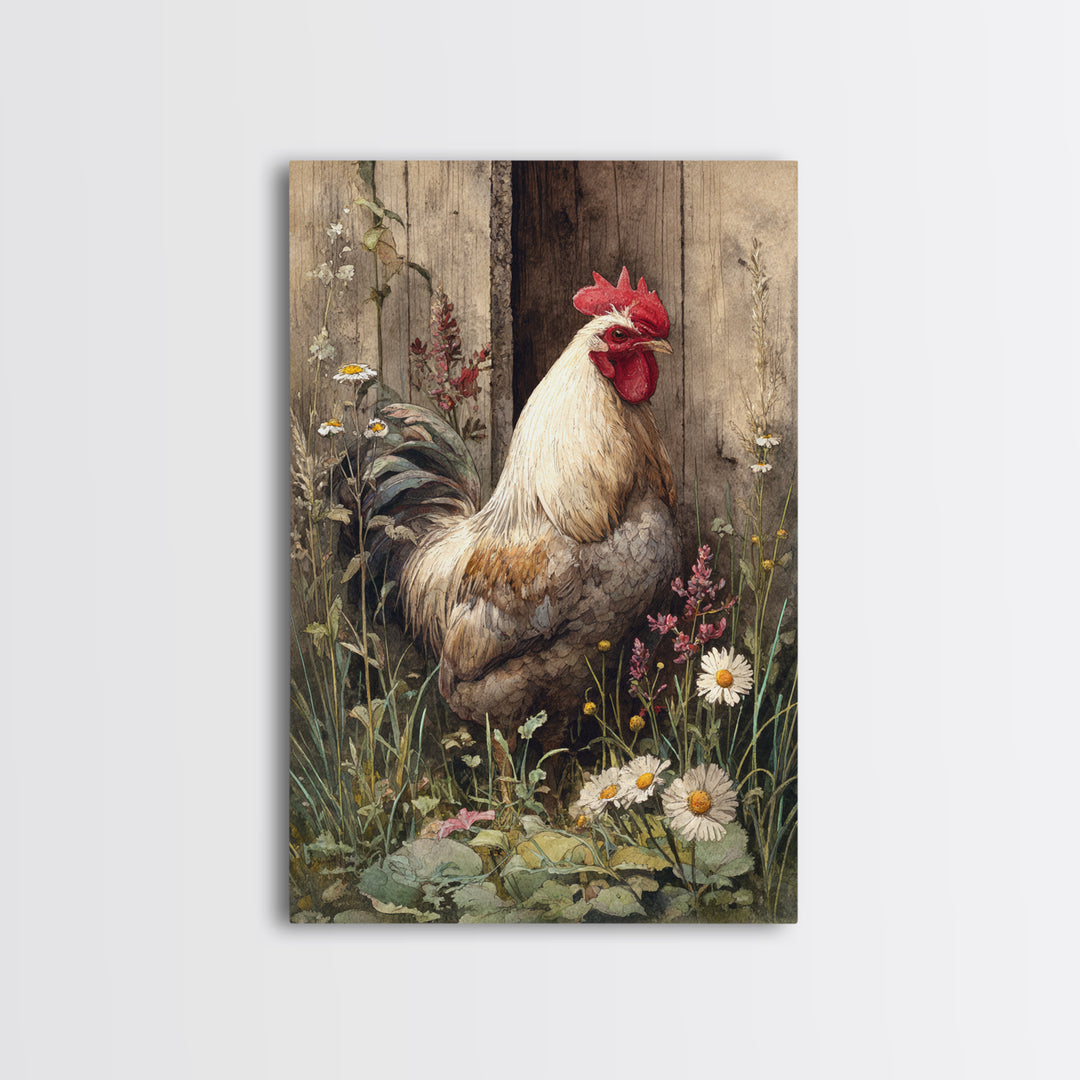 Rooster and Wildflower Country Portrait Framed Canvas Print, Bed and Breakfast Art, Digital Art, Living Room Decor, Fine Art, BAB-2x3-51