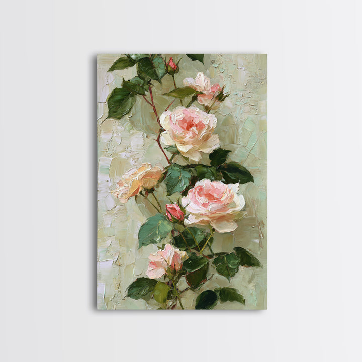 Garden Roses in Romantic Oil Paint Canvas Print, Bed and Breakfast Art, Farmhouse Decor, Living Room Decor, Statement Artwork, BAB-2x3-53