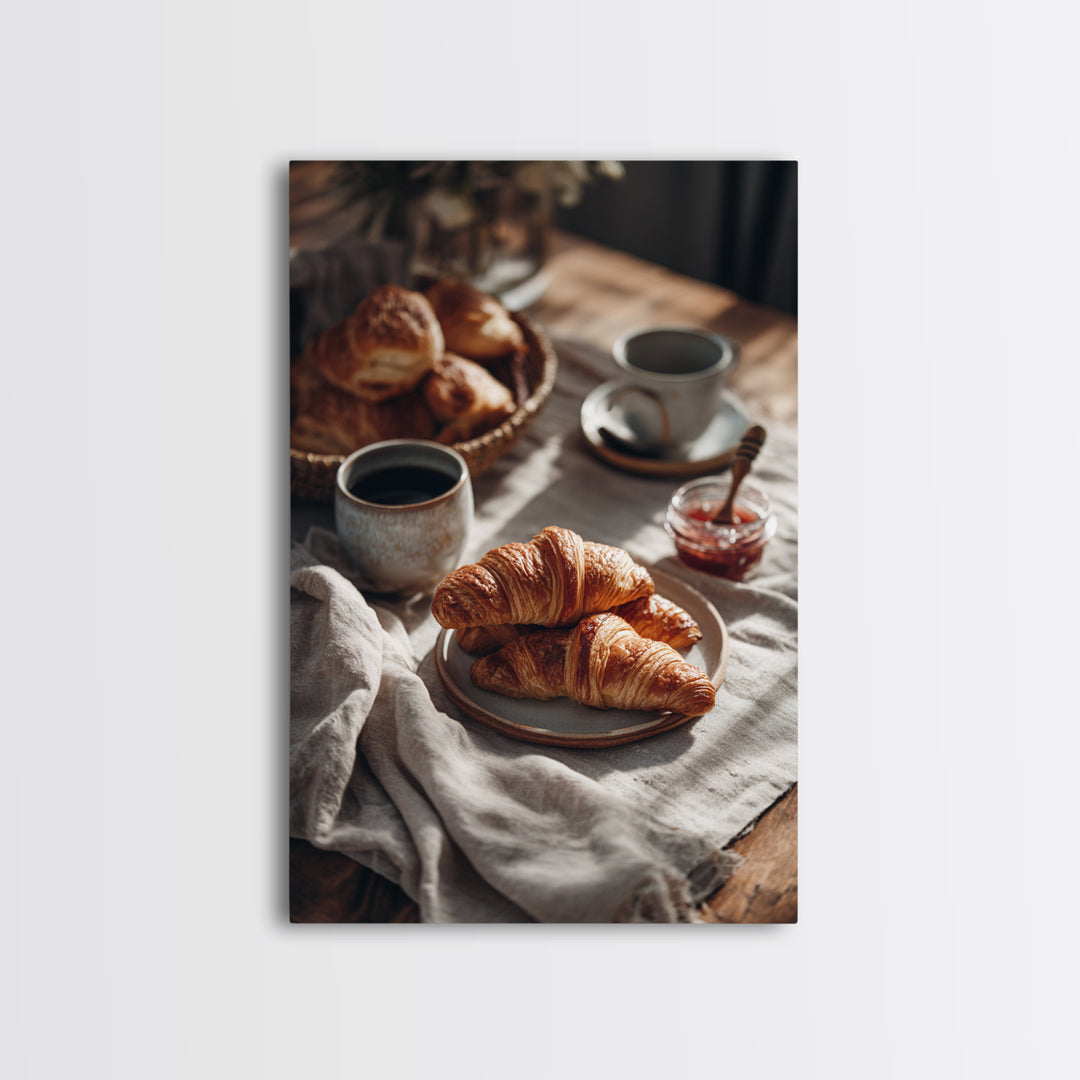 Fresh Croissants and Jam on a Linen Canvas Print, Bed and Breakfast Art, Abstract Art, Living Room Decor, Coffee Art, BAB-2x3-58