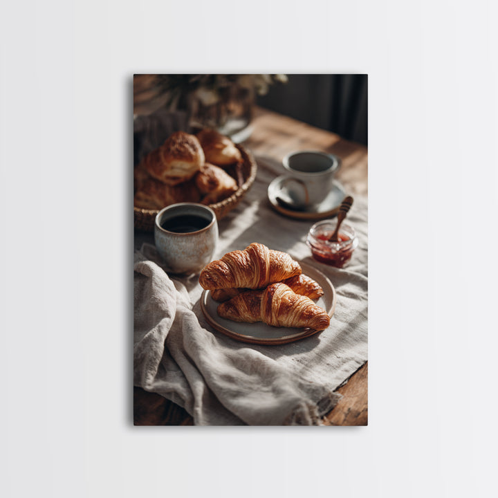 Fresh Croissants and Jam on a Linen Canvas Print, Bed and Breakfast Art, Abstract Art, Living Room Decor, Coffee Art, BAB-2x3-58