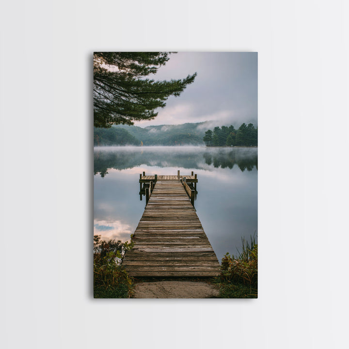 Quiet Lake Dock at Early Morning Framed Canvas Print, Bed and Breakfast Art, Minimalist Decor, Living Room Decor, Oil Painting, BAB-2x3-6