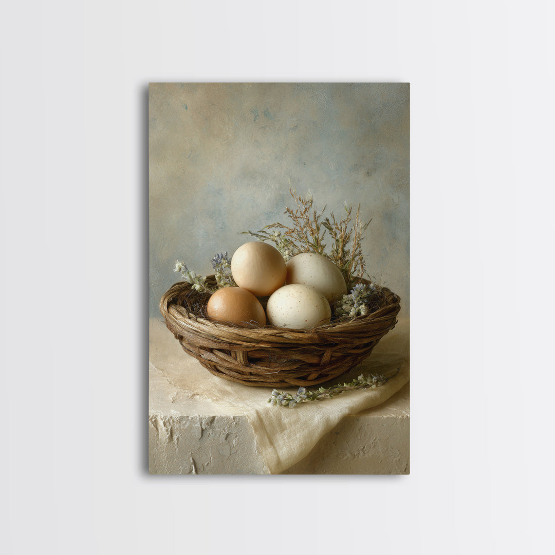 Fresh Eggs in a Woven Basket with Canvas Print, Bed and Breakfast Art, Bedroom Decor, Living Room Decor, Abstract Art, BAB-2x3-62