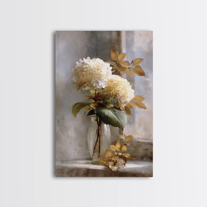 Sunlit Hydrangeas on a Windowsill Canvas Print, Bed and Breakfast Art, Digital Art, Living Room Decor, Oil Painting, BAB-2x3-66