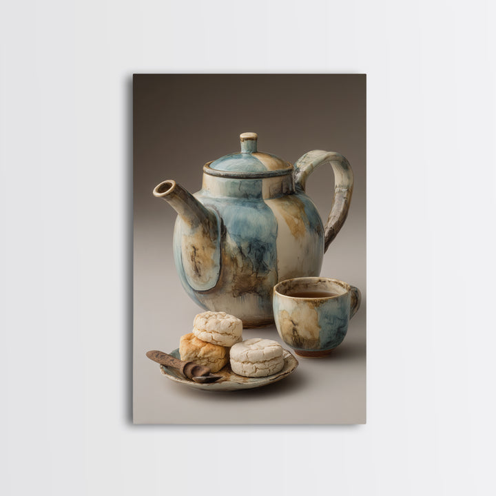 Porcelain Teapot and Scones Framed Canvas Print, Bed and Breakfast Art, Bed, Living Room Decor, Fine Art, Rustic Home Decor, BAB-2x3-68