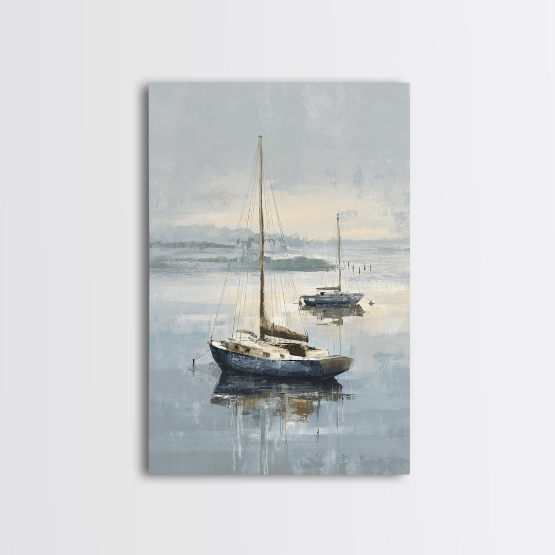 Coastal Inn Sailboat at Sunrise Framed Canvas Print, Bed and Breakfast Art, Bedroom Wall Art, Living Room Decor, Fine Art, BAB-2x3-73