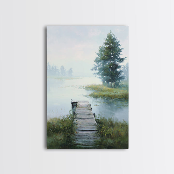 Quiet Lake Dock at Early Morning Framed Canvas Print, Bed and Breakfast Art, Canvas Wall Art, Living Room Decor, Fine Art, BAB-2x3-78