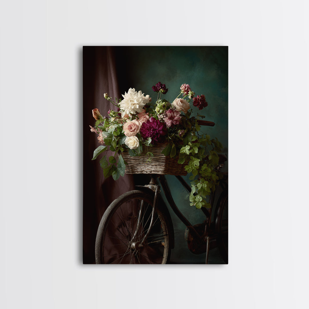 Old Bicycle with Flowers in Basket Canvas Print, Bed and Breakfast Art, Printable Art, Living Room Decor, Watercolor Art, BAB-2x3-79