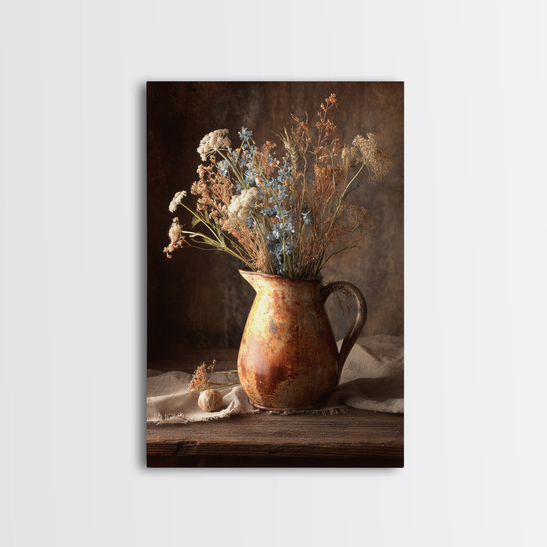 Country Wildflowers in a Chipped Ceramic Pitcher Canvas Print, Bed and Breakfast Art, Farmhouse Wall Decor, Living Room Decor, BAB-2x3-81