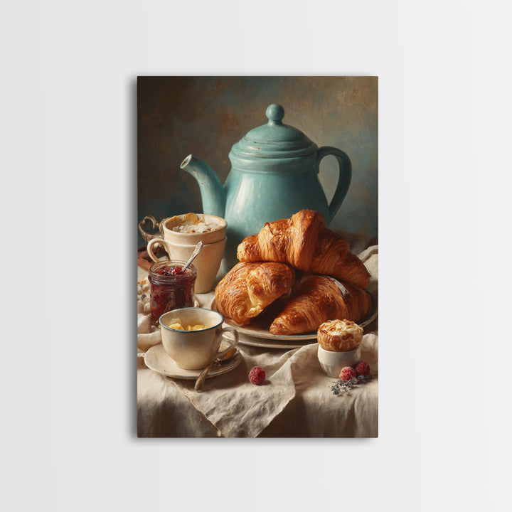 Fresh Croissants and Jam on a Linen Canvas Print, Bed and Breakfast Art, Abstract Art, Living Room Decor, Coffee Art, BAB-2x3-82